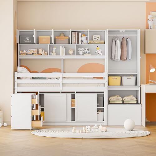 Harper & Bright Designs Full Size Loft Bed with Wardrobe, Wooden Full Loft Bed Frame Big Storage with Under-Bed Desk, Drawers and Shelves, Gray