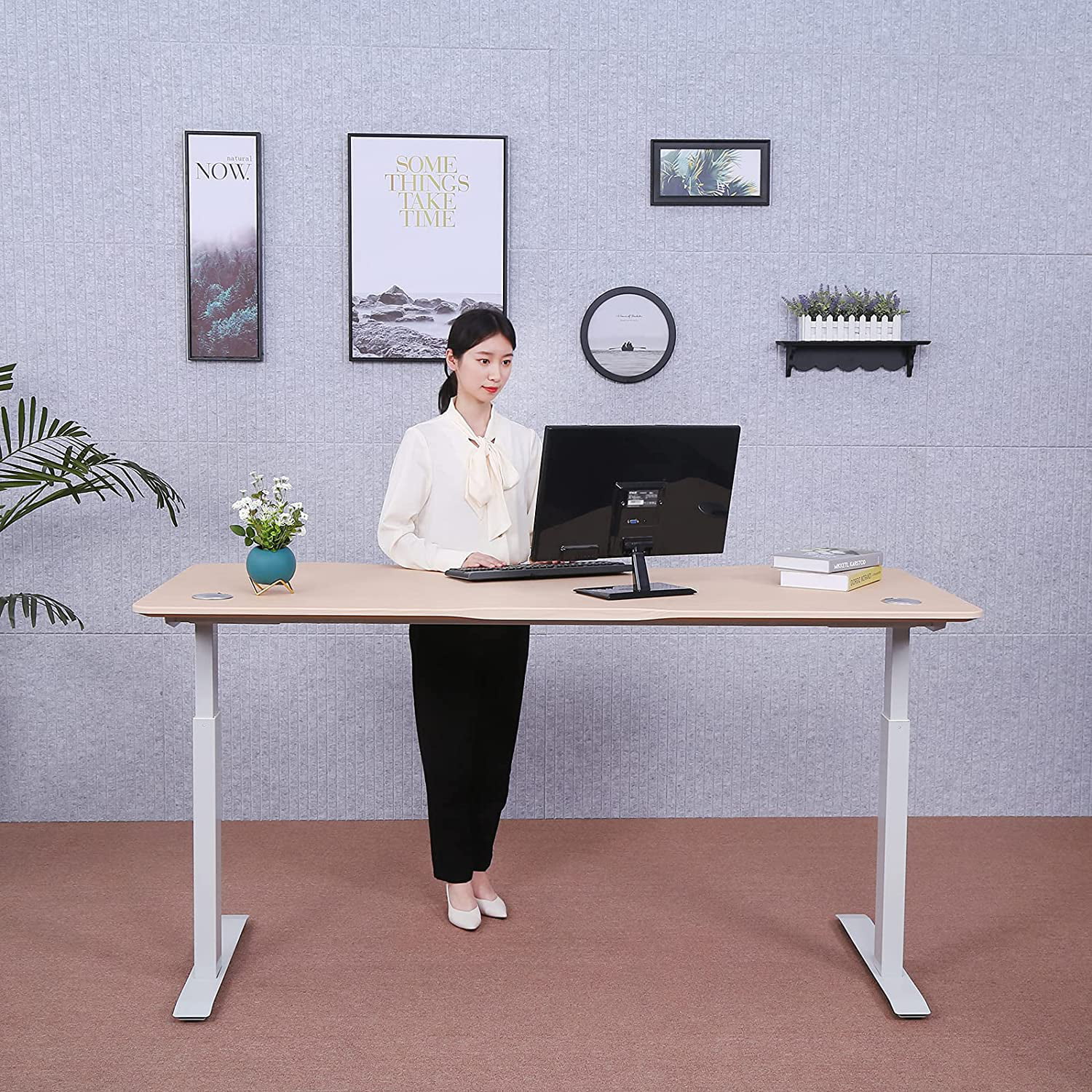 ApexDesk Elite Series 60" W Electric Height Adjustable Standing Desk (Light Oak Top, White Frame)