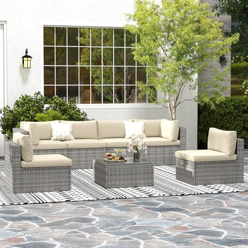 7 Pieces Outdoor Patio Furniture Sets with Glass Tea Table, PE Rattan Wicker Patio Conversation Set with Washable Cushions