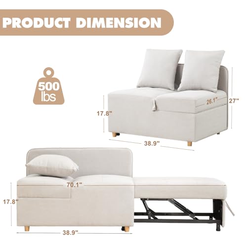 3-in-1 Sleeper Sofa Chair Bed,3-Seat Linen Fabric Loveseat Sofa,Convertible Sofa Bed with 2 Throw Pillows for Living Room