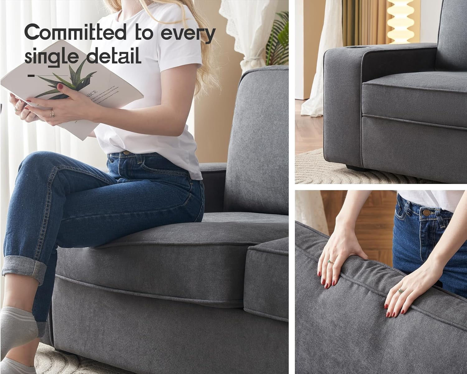 Papajet 89 inch Sofa with USB Charging Ports & Cup Holders, Couch for Living Room, Grey Chenille