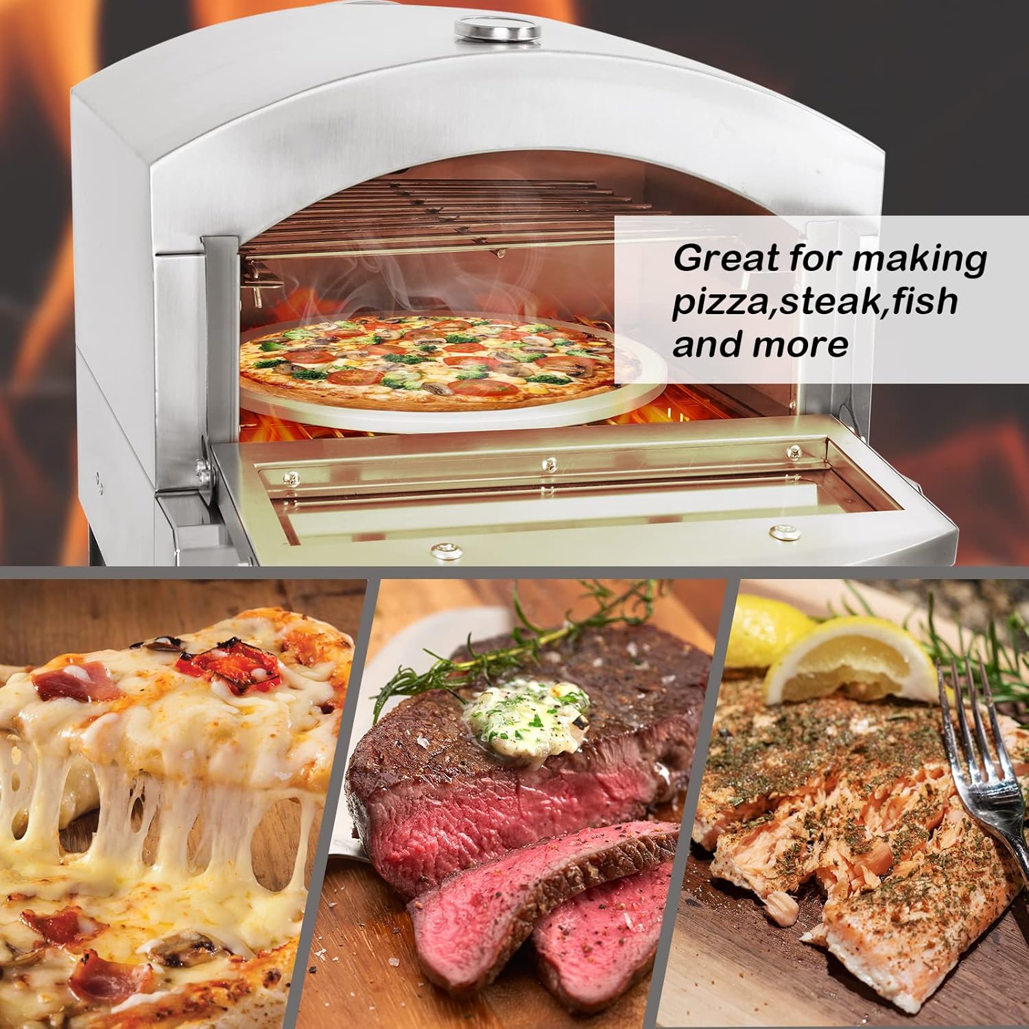 Li Zhen Portable Outdoor Pizza Oven|Propane Gas Fired-Pizza Maker|14in Pizza Stone|Stainless Less|Cooking Pizza Steak Fish Chicken and More|for