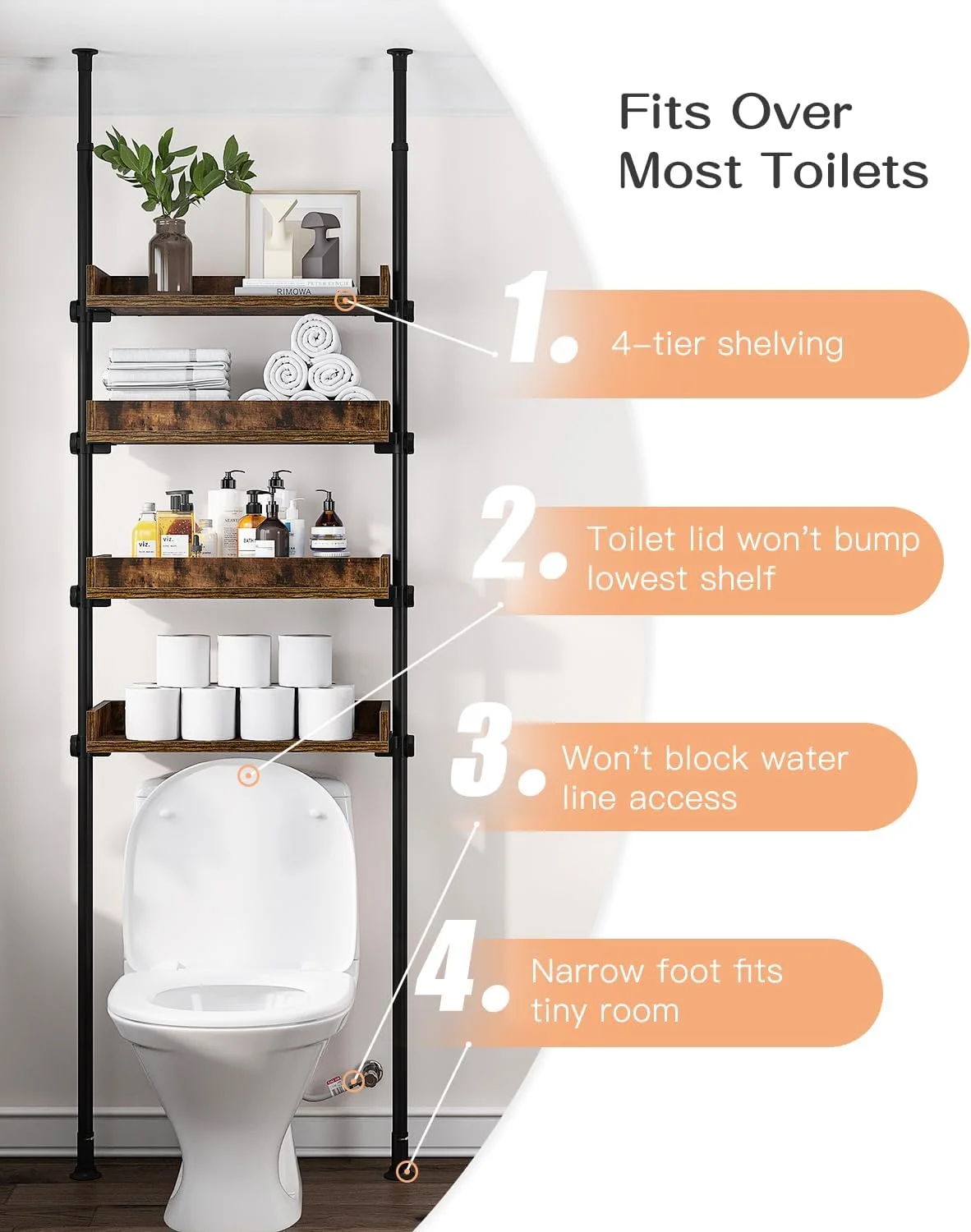 FJU Bathroom Organizer, Over The Toilet Storage, 4-Tier Adjustable Wood Shelves for Small Rooms, Saver Space Rack, 92 to 116 Inch Tall
