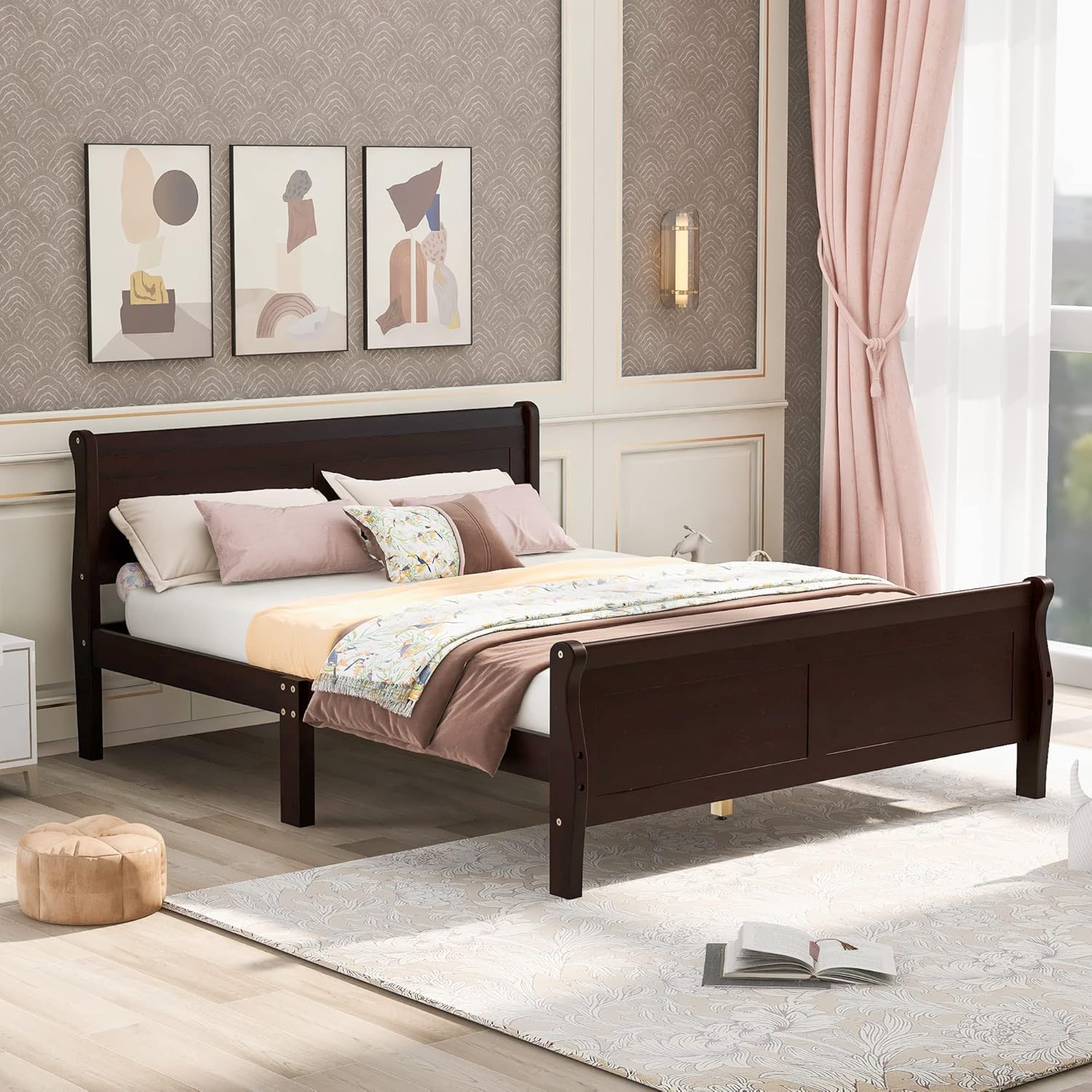 Full Size Wood Platform Bed with Headboard and Wooden Slat Support 82.3X 57x 35.4 inch(LxWxH)