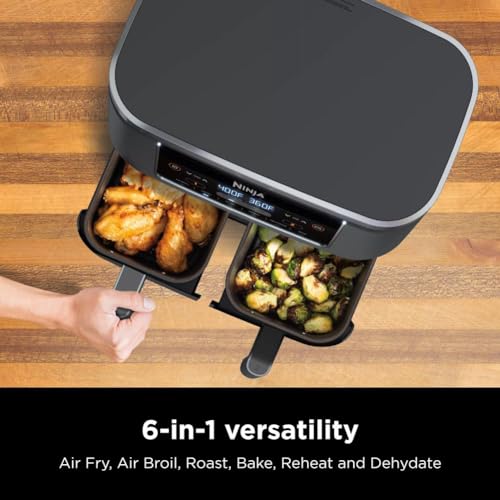 Ninja DZ401 Foodi 10 Quart 6-in-1 DualZone XL 2-Basket Air Fryer with 2 Independent Frying Baskets, Match Cook & Smart Finish to Roast, Broil