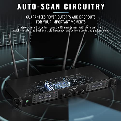 Phenyx Pro Wireless Microphone System, Quad Channel Wireless Mic, w/ 4x40 UHF Frequencies, Auto Scan, 328ft Long Range