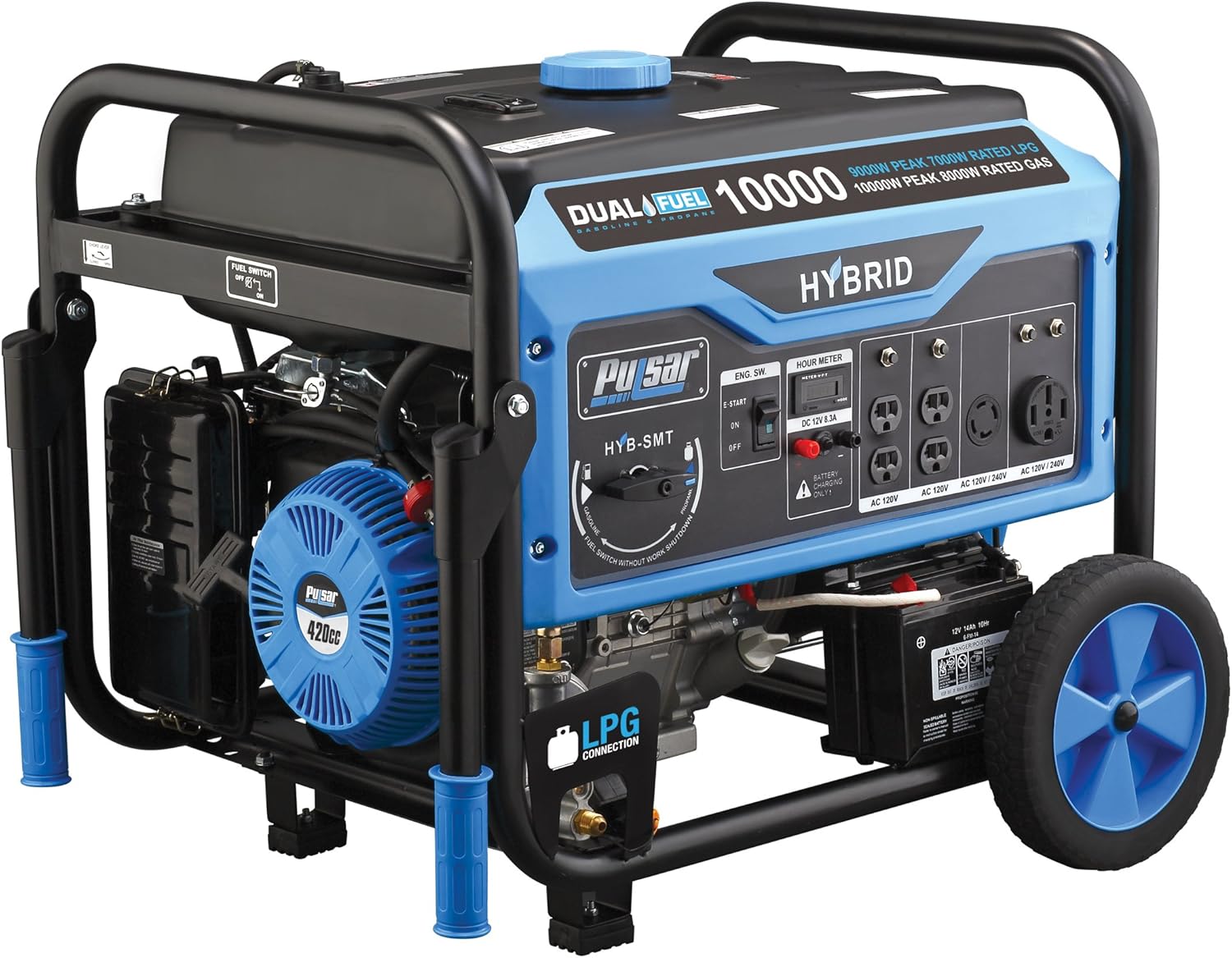 Pulsar PG10000B16 Portable Dual Fuel Generator-8000 Rated 10000 Peak Watts-Gas & LPG Electric Start-Switch-&-Go Build in, RV Ready-CARB Compliant, 10