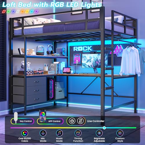 DICTAC Loft Bed Full Size with L-Shaped Desk and Charging Station Full Metal Bed Frame with LED Lights,Open Shelves and 3 Fabric Storage Drawers