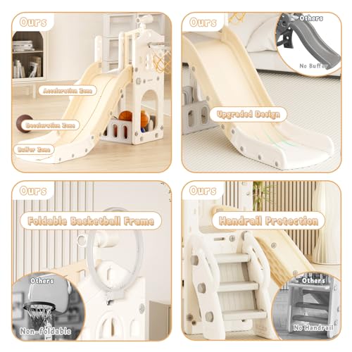 XJD 5 in 1 Toddler Slide, Kids Slide for Toddlers Age 1-3, Outdoor Indoor Playset for Toddlers with Basketball Hoop and Ball
