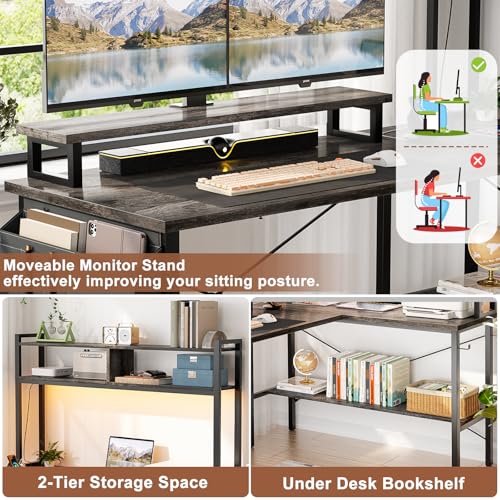 Aheaplus L Shaped Gaming Desk with Power Outlets & LED Lights, Small L- Shaped Desk Computer Corner Desk with Monitor Stand & Storage Shelf