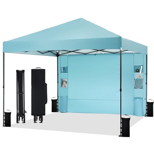 10'x10' Pop Up Canopy Tent with 1 Sidewall and 6 Pockets, One Push Setup, Instant Shade Tent with Vented Roof for Beach Patio Outdoor, Case, 8 Stakes