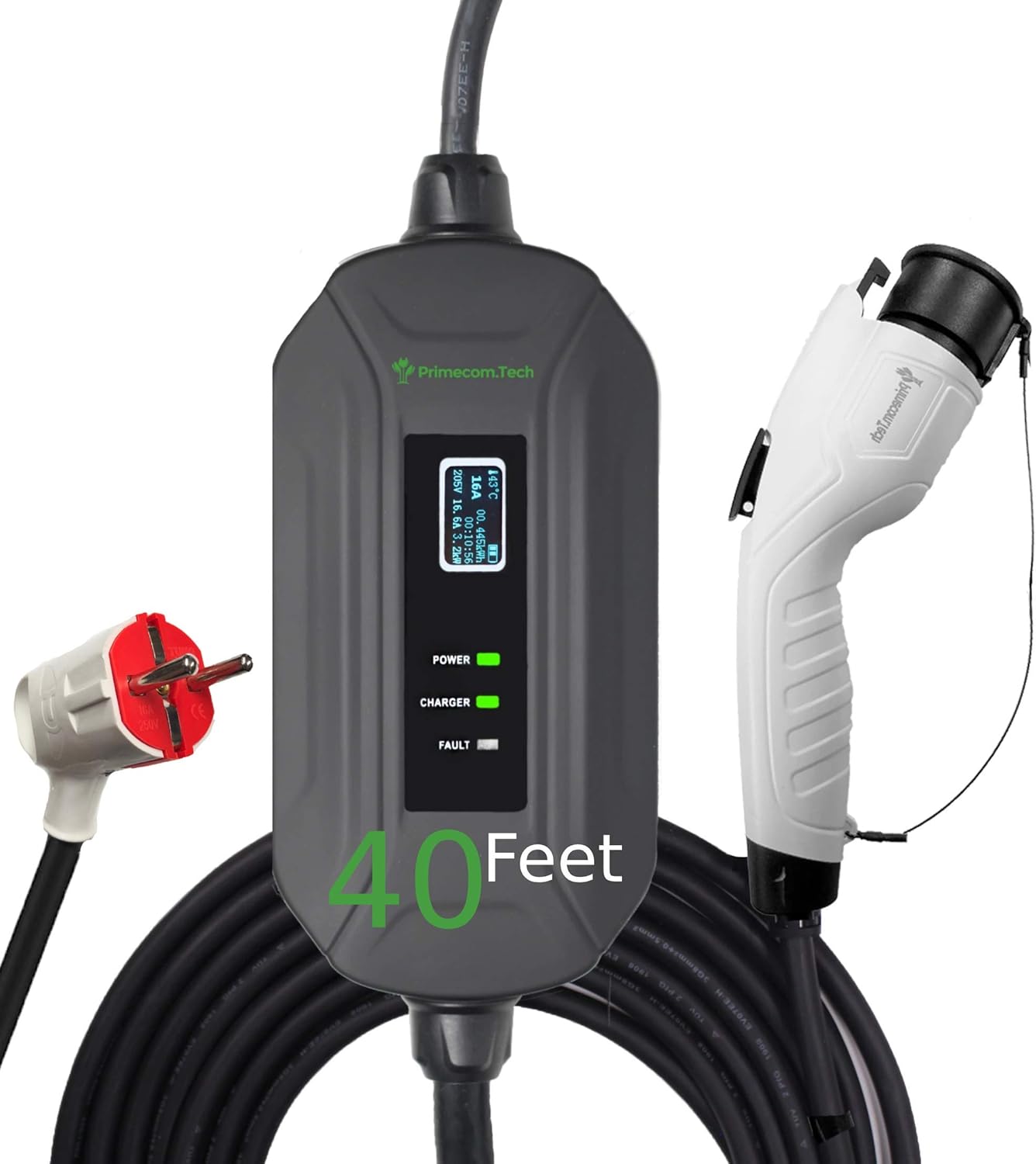 PRIMECOM Level 2 Electric Vehicle (EV) Charger (220V / 240Volt, 16Amp) Portable EVSE Smart Electric Car Charger, 30', 40'