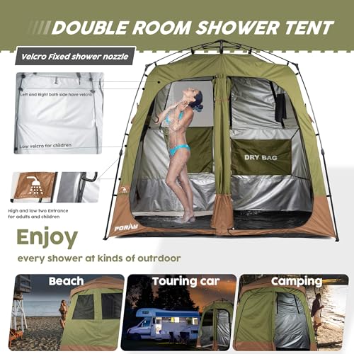 Camping Shower Tent Deluxe Changing Room Easy Set Up Privacy Shelter,Large Toilet Tent 2 Rooms with Floor Drain Design for Beach, Camping