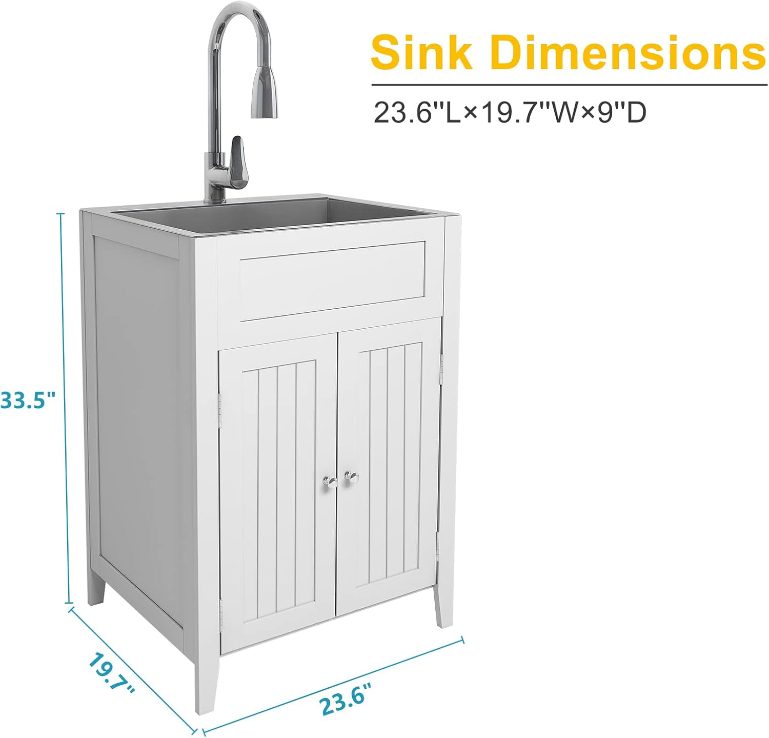 VINGLI 24-Inch Laundry Sink with Cabinet Stainless Steel Sink Faucet White Cabinet Combo for Laundry Room, Bathroom and Kitchen