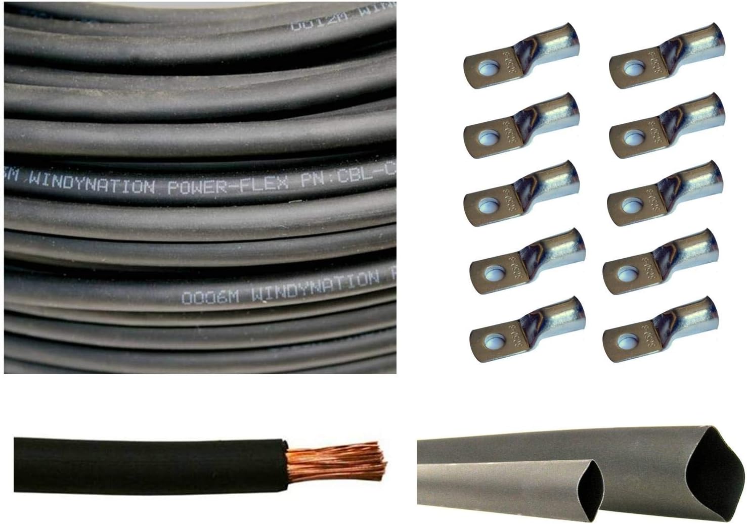 WNI 4/0 AWG 4/0 Gauge 10 Feet Black + 10 Feet Red Battery Welding Pure Copper Ultra Flexible Cable + 5pcs of 5/16" & 5pcs 3/8" Copper Cable Lug