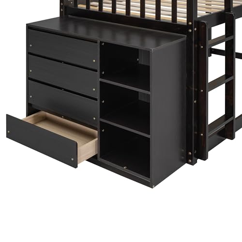 Ball & Cast Full Over Full Bunk Bed with Twin Size Trundle and Built in 4 Drawer,Wood Bunkbed w/Storage Ladder & Slat Support