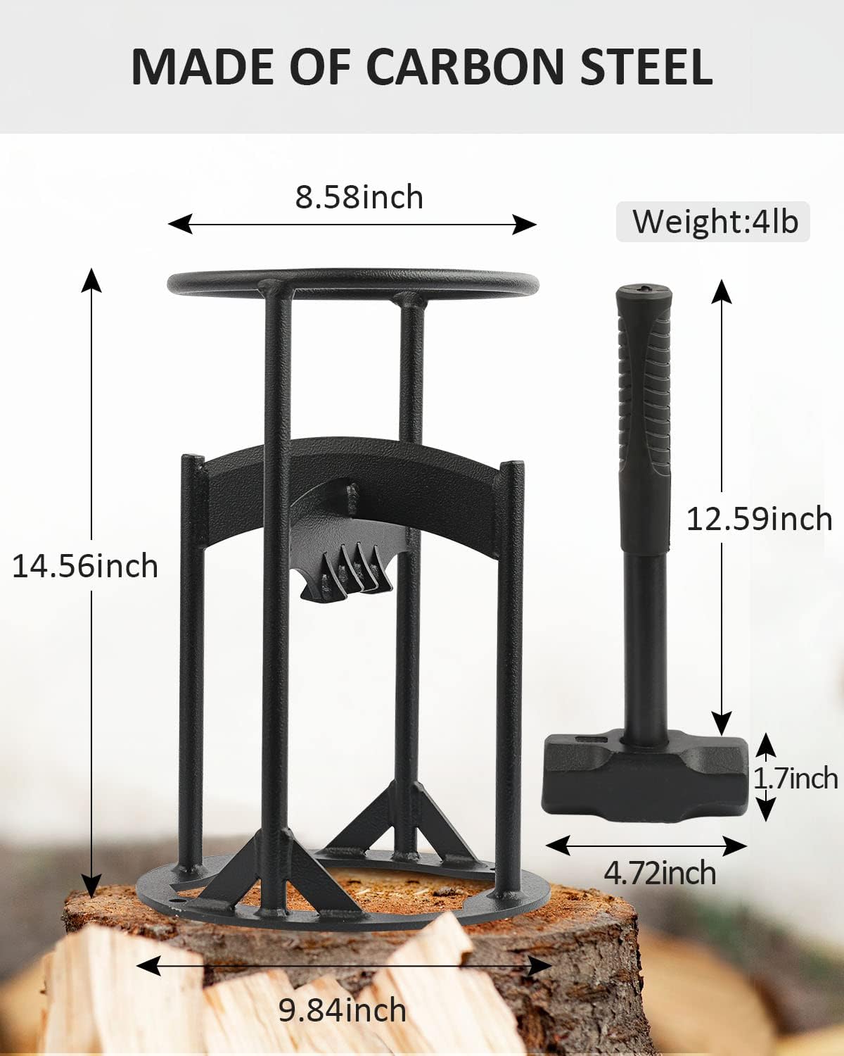 Wood Kindling Splitter with Hammer, Quick Split into 2/4 pcs, up to 7" dia Wood, Carbon Steel Made Manual Log Splitter