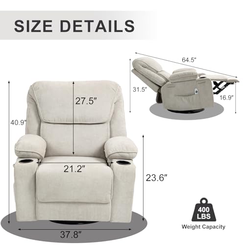 Rocker Recliner Chair with Massage and Heated, 360°Swivel Rocking Chairs with Cup Holders Remote Control for Living Room (Gray Oatmeal)