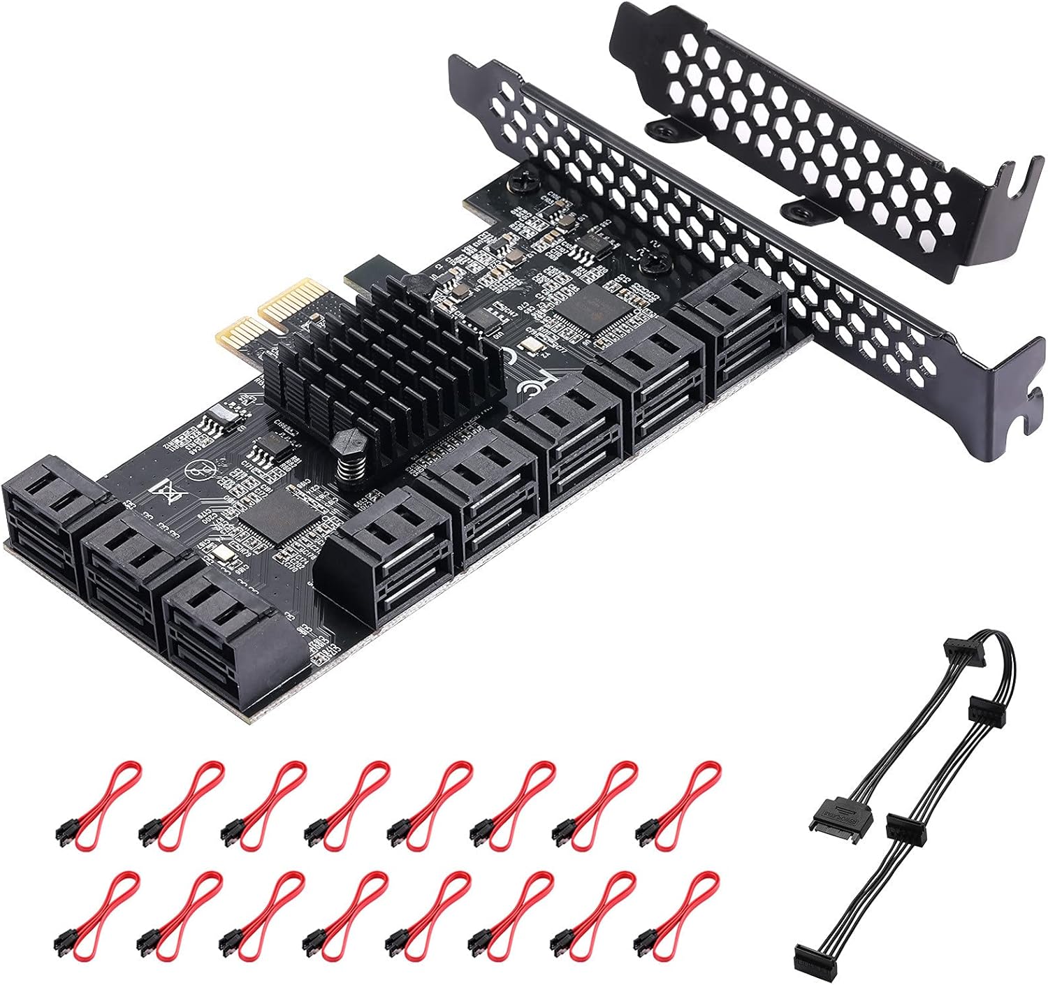 MZHOU PCI-E 1X Interface 3.0 10 Port SATA Card with 10 SATA Cables & SATA Power Splitter Cable and Low Profile Bracket - 6Gbps SATA 3.0 PCIe Card