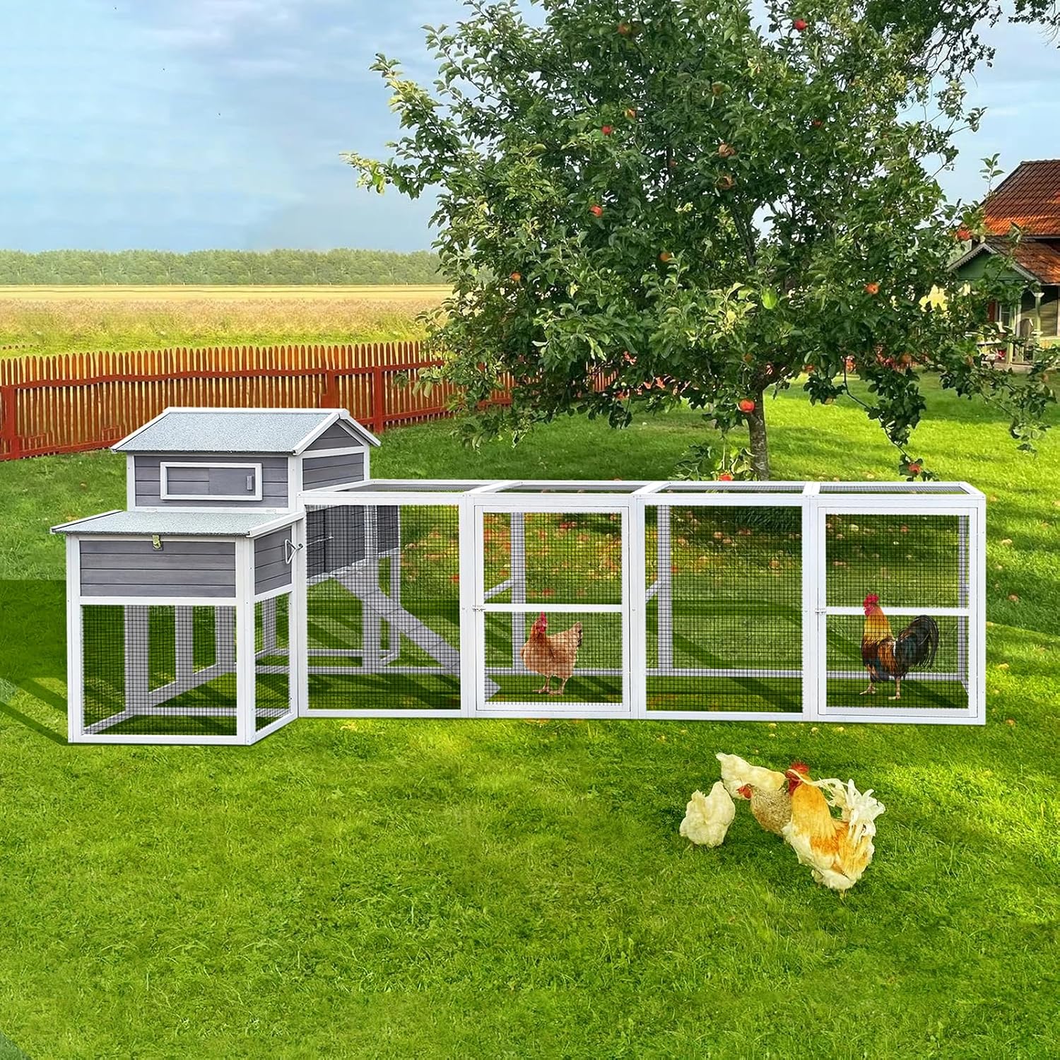 150＂Chicken Coop Extra Large Chicken House, Outdoor Wooden Hen House Black Rust-Proof Metal Wire Poultry Cage with Two Nesting Boxes, 5 Perches
