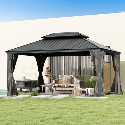 Domi 10’ x 10’ Hardtop Gazebo Metal Frame Canopy with Netting & Curtains