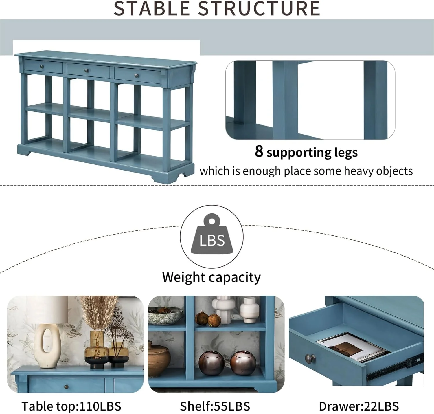 Console Table Sofa Table With 3 Drawers And Storage Shelf, Wooden Sideboard Side Table For Living Room Bedroom, Teal Blue