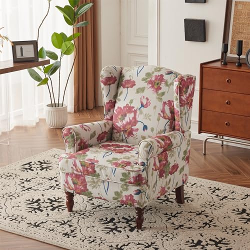 MELLCOM Floral Accent Chair, High Back Upholstered Armchair with Solid Legs, Leisure Single Sofa Chair for Living Room, Bedroom, Home Office