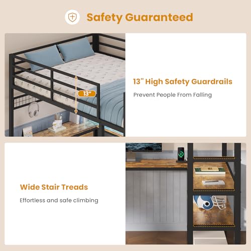 ADORNEVE Loft Bed Full Size with U-Shaped Desk, 6 Storage Drawers, Power Outlet, LED Metal Loft Bed with 2 Storage Shelves