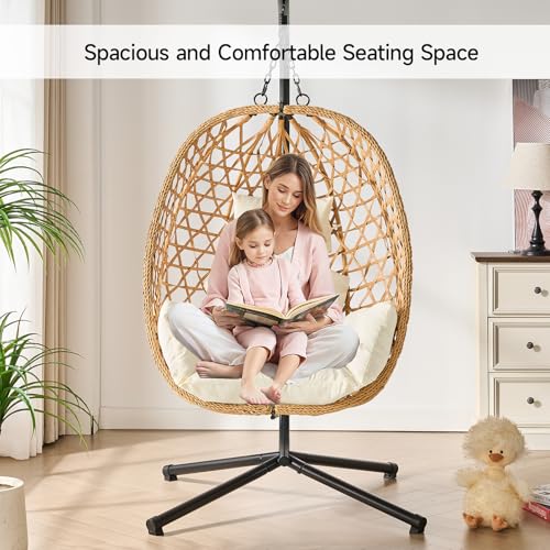 Egg Chair with Stand, Wicker Rattan Swing Hammock Chair with Fine Lace & Cushion, Hanging Chair with Double Chains