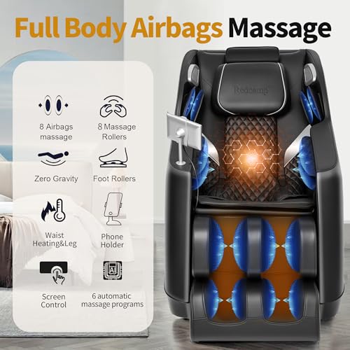 2025 Massage Chair Zero Gravity Full Body Airbags, 8 Fixed Points Massage Rollers with 6 Auto Modes, Bluetooth, Foot Rollers, Heater, Black
