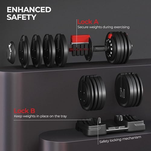 Yaheetech Adjustable Dumbbell Set 28/40/52.5/90LBS Adjustable Dumbbells Fast Adjust Dumbbell Weight Set with Anti-Slip Handle and Tray for Men/Women