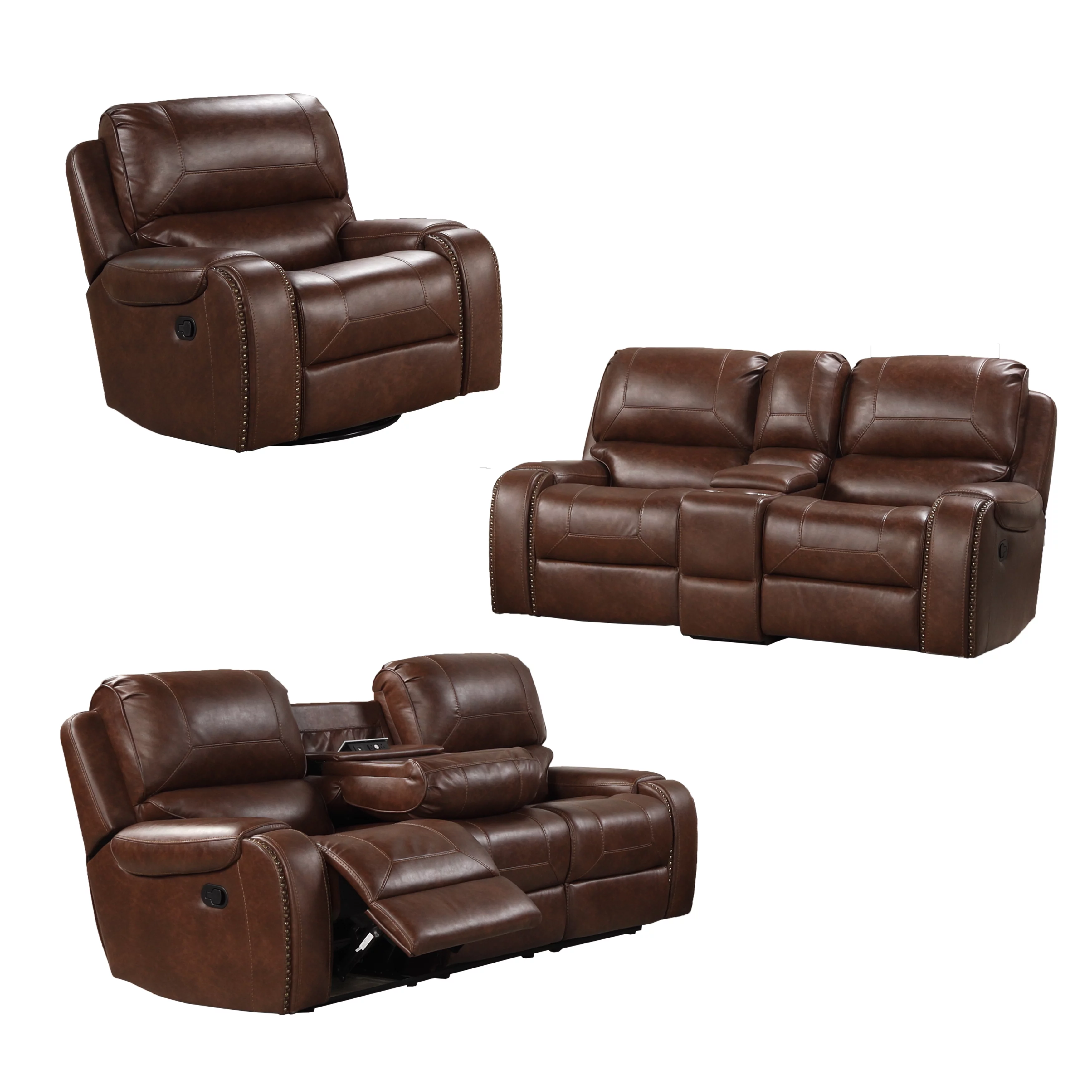 Roundhill Furniture Achern Brown Leather-Air Nailhead Manual Reclining 3-Piece Sofa Set - Radiant Selections
