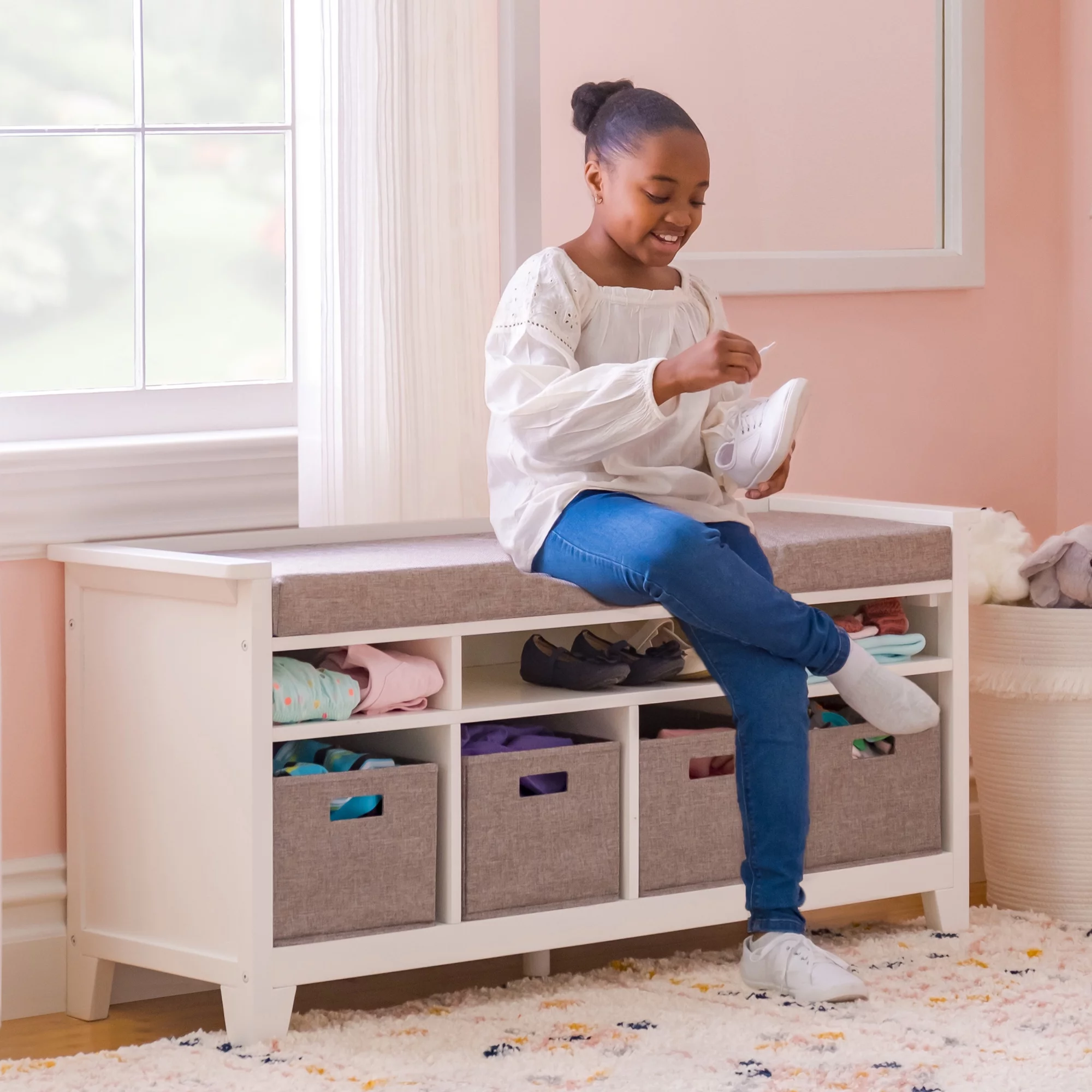 Martha Stewart Living and Learning Kids' Storage Bench - White: Wooden Toy and Book Organizer with Shelves
