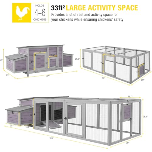 Aivituvin 103" Large Chicken Coop with Spacious Run Outdoor Hen House Duck Cage for 4-6 Chickens