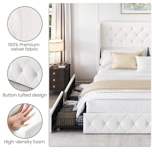 King Size Bed Frame with 4 Storage Drawers and Tufted Headboard Linen Upholstered Platform Bed Frame Wingback Beds with Wooden Slats Support