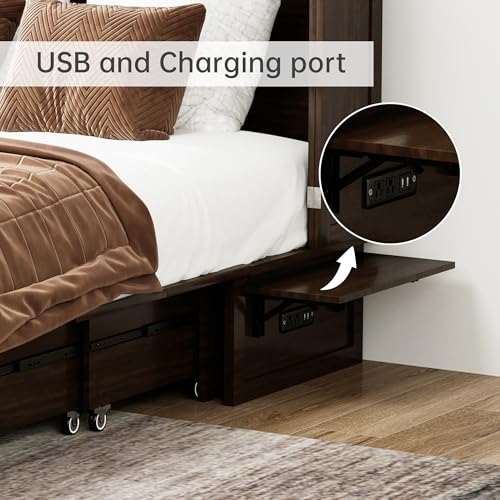 Murphy Bed Cabinet Full, Solid Wood Murphy Bed with 2 USB & 2 Charging Ports, Large Storage Drawer for Home Office or Small Space