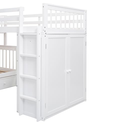 Merax L-Shaped Triple Bunk Bed with Desk & Stairs, Twin & Twin Over Full Bunk Bed for 3, Storage Drawers and Wardrobe Included, for Adults