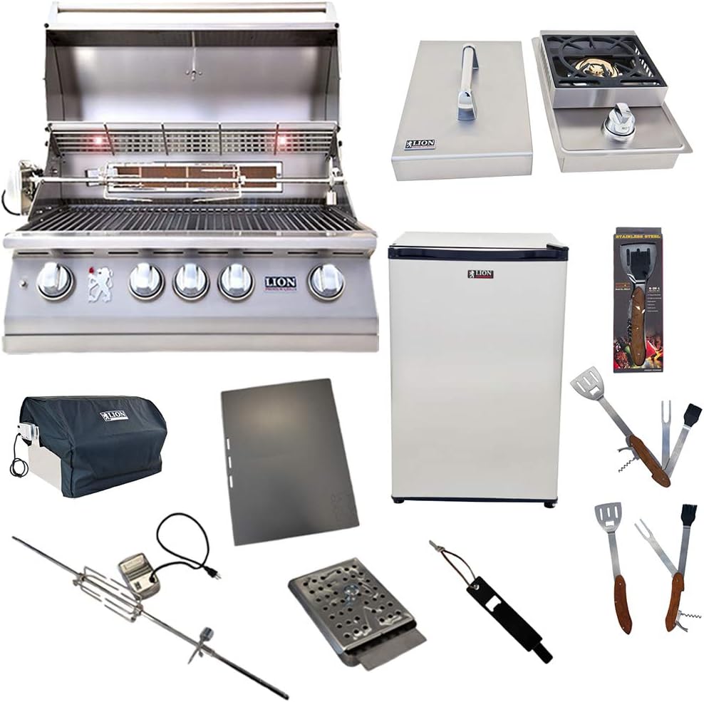 Lion Premium Grills 32-Inch Liquid Propane Grill L75000 with Lion Single Side Burner and Eco Friendly Lion Refrigerator with 5 in 1 BBQ Tool Set Best