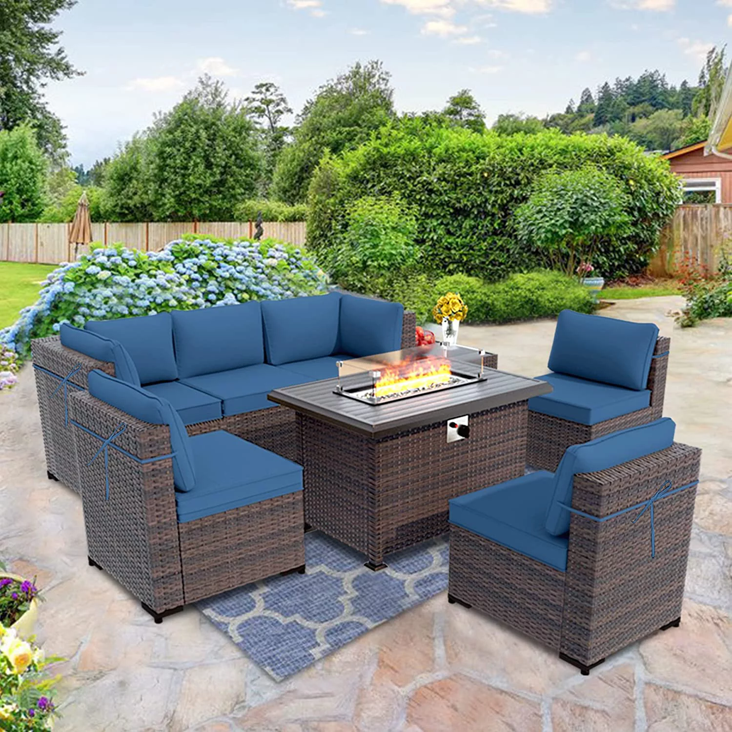 Gotland 8 Pieces Outdoor Patio Furniture with 43"Fire Pit Table, Furniture Patio Sectional Sofa Set,navy blue