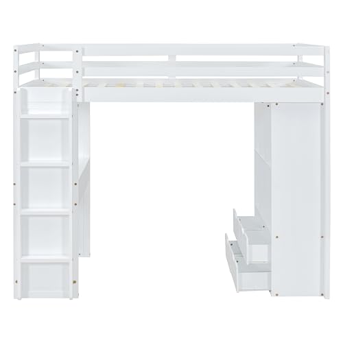 Full Size Loft Bed with Desk & Wardrobe, Solid Wood Kids Loft Bedframe w/3 Storage Drawers & 2 Shelves, Maximum Space Design, for Bedroom, Dorm, Gray