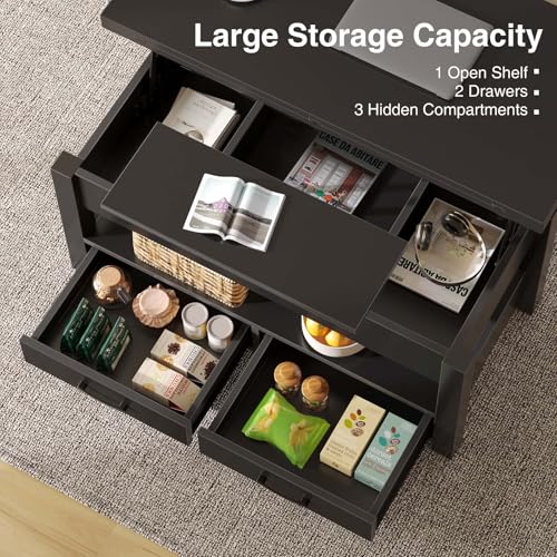 Rolanstar Coffee Table Lift Top, Multi-Function Convertible Coffee Table with Drawers and Hidden Compartment