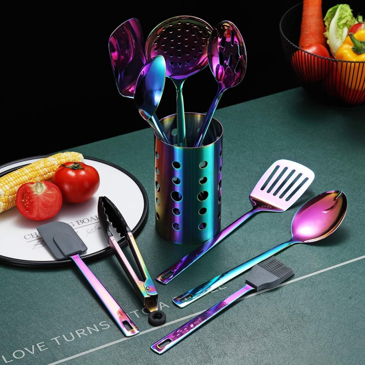 Rainbow Kitchen Utensil Set, 13-Piece Stainless Steel Cookware Set, Titanium Rainbow Plating, Kitchen Tool Set with Cutlery Holder