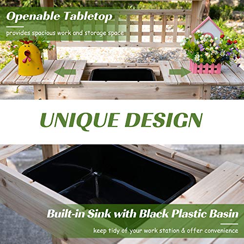 Outsunny Outdoor Potting Bench Table, Wooden Workstation with Sliding Tabletop, Storage Shelf and Dry Sink, for Greenhouse, Garden, Patio, Brown