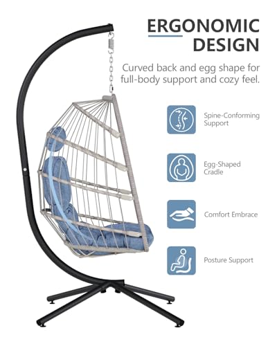 SWITTE Egg Chair Outdoor with Stand, Indoor Wicker Hanging Egg Swing Chair with Cushion, 350lbs Capacity for Patio, Bedroom, Garden - Gray