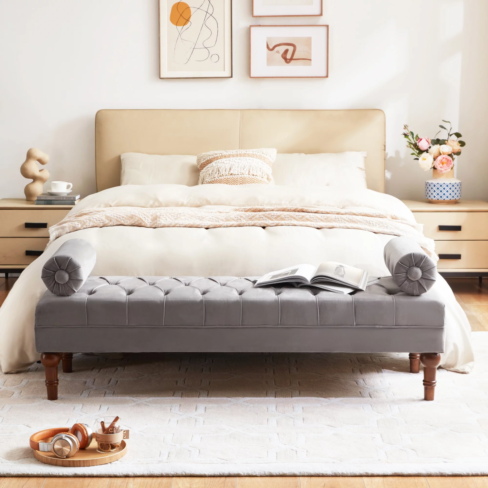 HUIMO 60.2 Inch End of Bed Bench with 2 Pillows Rolled Armed Ottoman Bench, Button Tufted Upholstered Bench Footrest Stool for Entryway