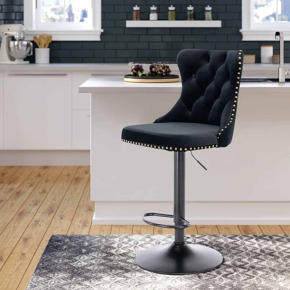 Lemacte Swivel Bar Stools Set of 4, Adjustable Counter Height Barstools with Nailheads Trim, Button Tufted Back and Black Footrest