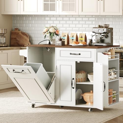 Kitchen Island with Power Outlet & Drop Leaf, Mobile Rolling Cart with Trash Can Storage, 3-Tier Spice Rack,Island Table for Kitchen, Dining Room