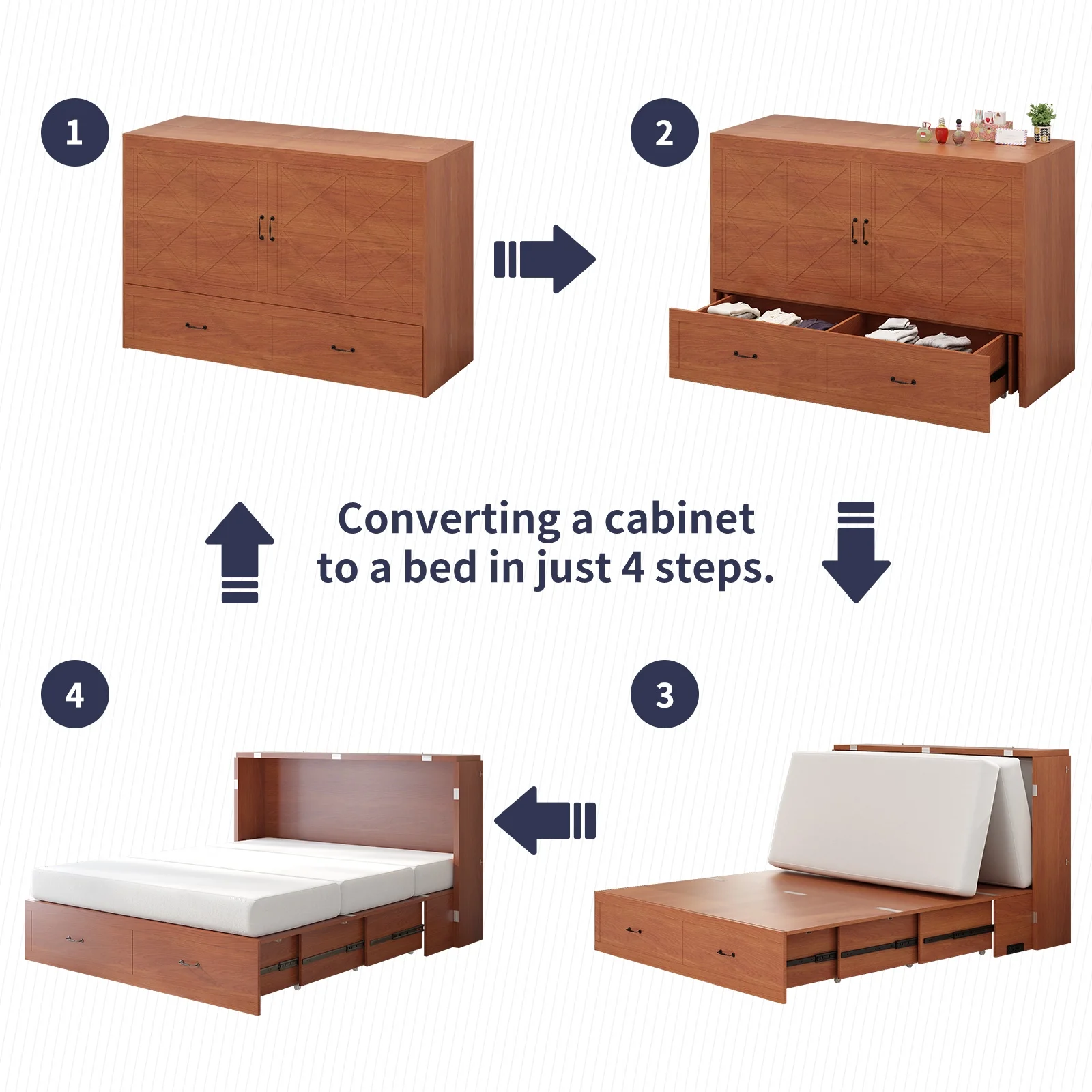 ijuicy Murphy Bed Cabinet with Built-in Charging Station and Storage Drawer, Solid Wood Cabinet Bed Queen Size with Mattress