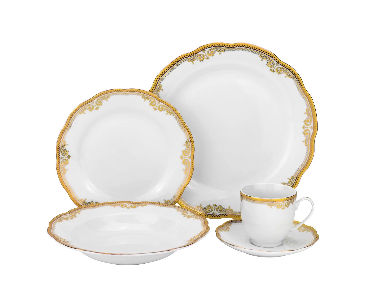 Euro Porcelain 57 piece Banquet Dinnerware Set with Scalloped Edges - Luxury Tableware Dining Service for 8 - Radiant Selections