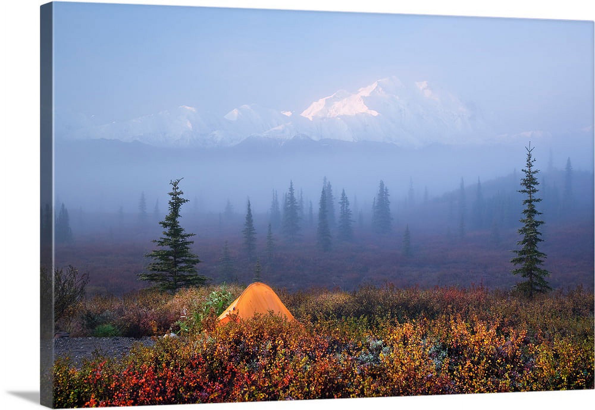 Great BIG Canvas | "Wonder Lake campground with tent in the foreground and Denali partially osbsured by fog" Canvas Wall Art - 24x16